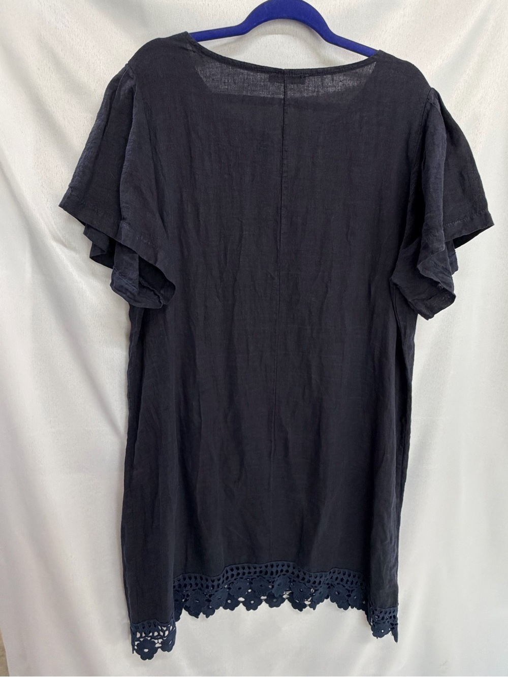 Bellambra Made in Italy Linen Dress Navy Short Sleeve Tunic Crochet Hem 2X - Picture 3 of 8